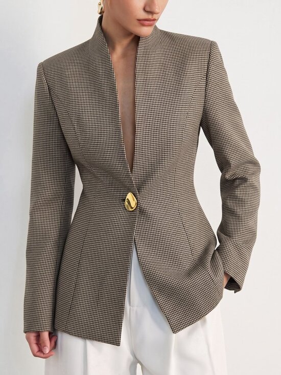 Jackets & Blazers - Multicolor Elegant Women's Regular Fit Stand Collar Button Lined Blazer